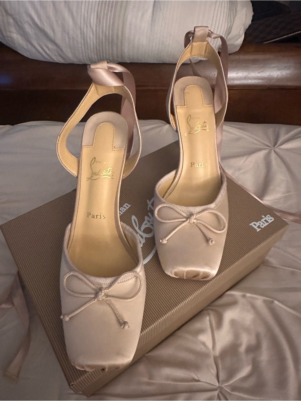 Christian Louboutin Blush Satin Ankle-Tie Ballet Pumps - Picture 7 of 8